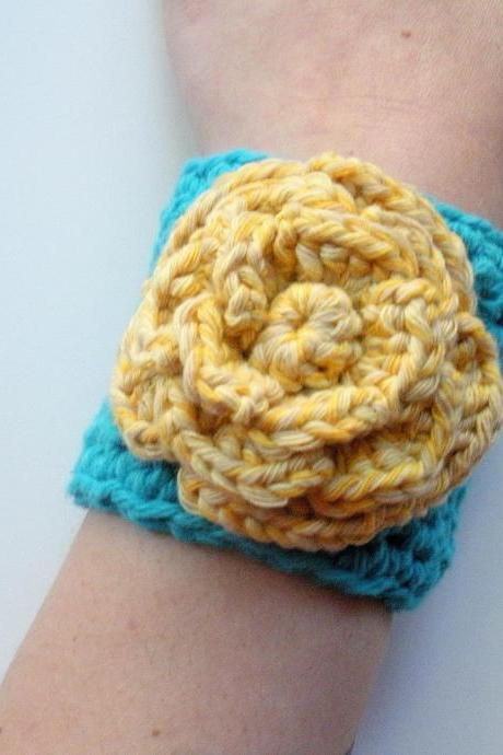 Crochet Cotton Cuff Bracelet In Turquoise With Yellow Rose, Ready To Ship.